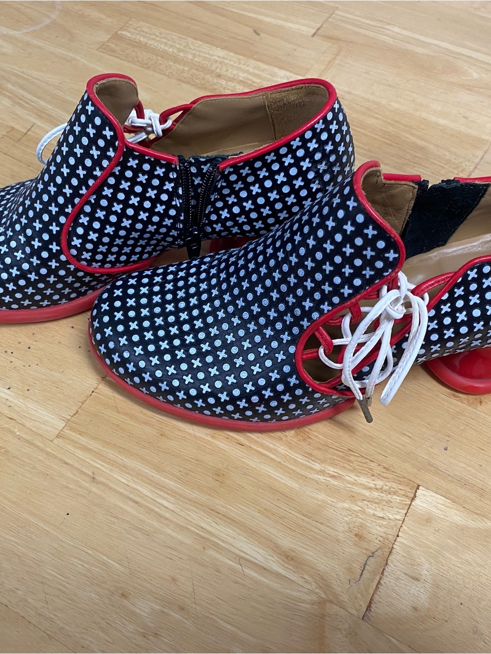John Fluevog Black & Red Cross-Pattern Ankle Booties circa 2019